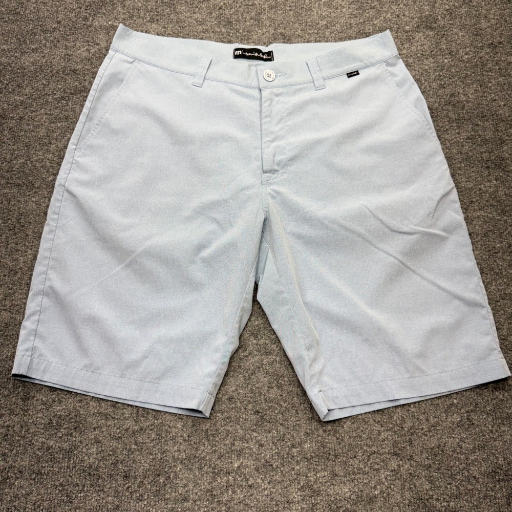 TravisMathew Beck Mens 35 Golf Shorts Light Blue Micro Check Performance Stretch